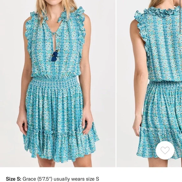 Poupette St. Barth Turquoise Patterned Ruffle Mini Dress - Picture 1 of 9